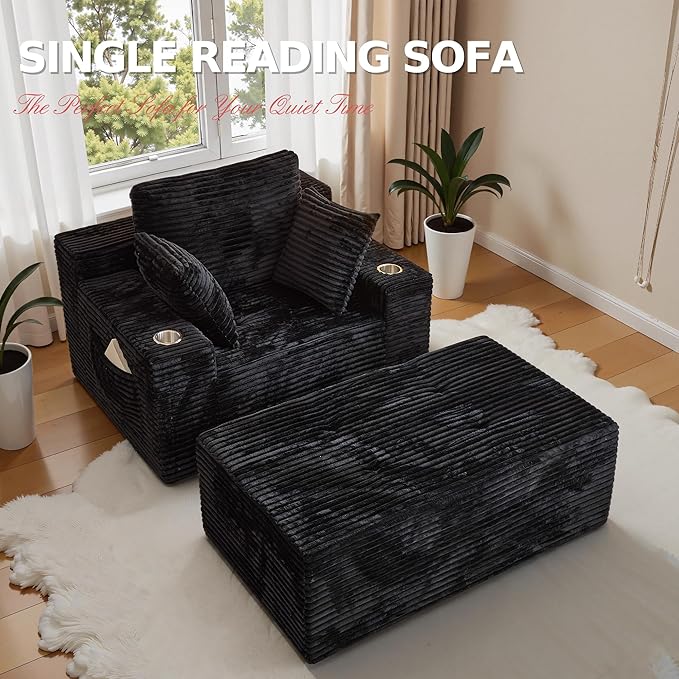 CHORRO67 Chaise Lounge Chair Indoor,Oversized Boneless Single Sleeeper Couch Bed,Corduroy Cloud Sofa with 3 Soft Pillows for Livingroom,Bedroom,No Assembly (Black)