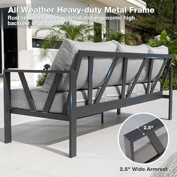 Outdoor Patio Furniture Set, 4 Pieces Metal Patio Furniture Set with Coffee Table, Modern Outdoor Patio Conversation Seating Set with 6” Thick Cushions, Light Grey