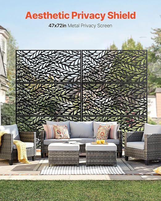 VEVOR Metal Privacy Screen, 47" W x 72" H, Outdoor Privacy Screens & Panels, Freestanding Outdoor Divider with Stand, 3-Panel Decorative Garden Steel Privacy Fence for Balcony Patio Indoor Room Black