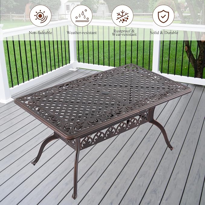 60" Cast Aluminum Outdoor Dining Table – Rectangular Red Copper Patio Table with 2" Umbrella Hole, Weather-Resistant for Garden, Backyard, and Lawn