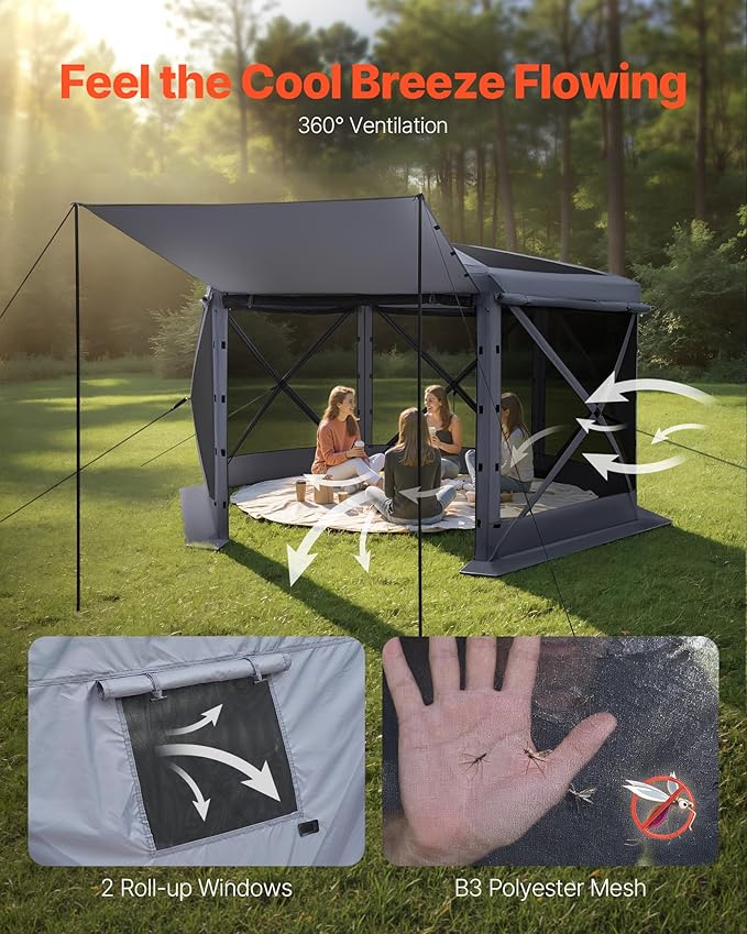 VEVOR Pop up Gazebo Screen Tent, 12 x 12 ft Large 6-Sided Camping Canopy Tent with Removable Top & Carry Bag, Quick-Set & Bite-Proof, Screen House Sun Shelter for 8-10 Persons Backyard Patio, Grey