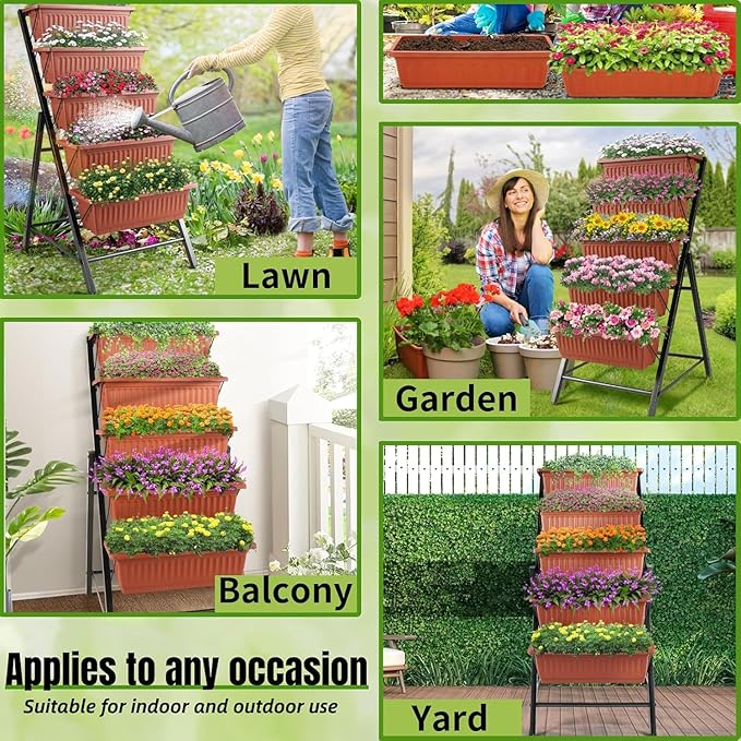 Homdox 2 Pack Vertical Garden Bed, 5 Tiers Vertical Raised Garden Planter, 23 * 26 * 45Inch Outdoor Garden Raised Bed with 4 Hooks, Vegetable Flower Planter Raised Stand for Garden Patio Yard, Brown