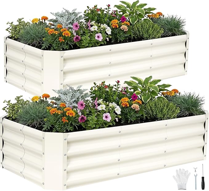 INNO STAGE 2Pcs Galvanized Raised Garden Bed Kit, 4x2x1FT Metal Raised Garden Beds for Vegetables, Rust-Resistant & Easy Assembly, Outdoor Raised Beds for Gardening, Flowers, Herbs (White)