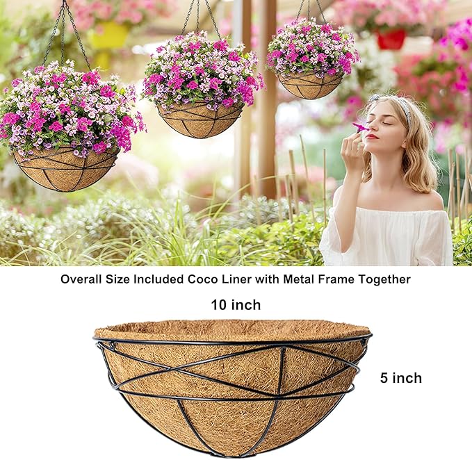 4 Pack 10 Inch Hanging Planters Metal Wire Flower Baskets with Natural Coconut Liners for Outdoor Plants Round Plant Holder Planter for Garden Decor