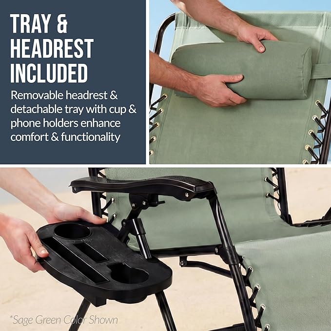 Best Choice Products Set of 2 Extra Wide Adjustable Steel Mesh Zero Gravity Lounge Chair Recliners w/Pillows and Cup Holder Trays - Sage Green Stripes
