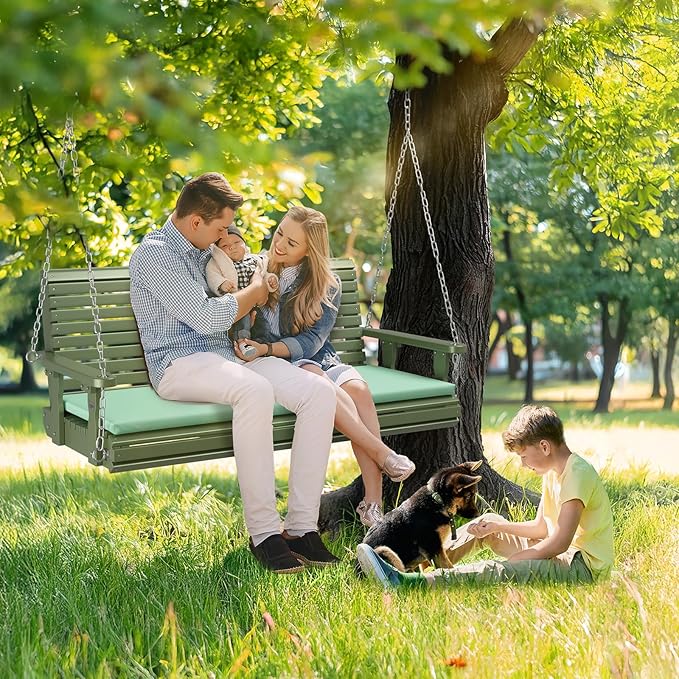 VINGLI Heavy Duty 880 LBS Patio Wooden Porch Swing Outdoor with Extra Cushion, Farmhouse Hanging Bench Tree Swing with Adjustable Chains for Yard | Garden | Lawn | Balcony (5 FT, Green)