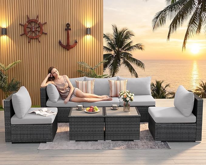 NICESOUL 7 Pieces Comfy 29.3'' High Back Outdoor Furniture Sofa Set, Extra Large Size Grey PE Wicker Patio Modular Sectional with Side Tables, All-Weather Rattan Conversations for Backyard Deck,Gray