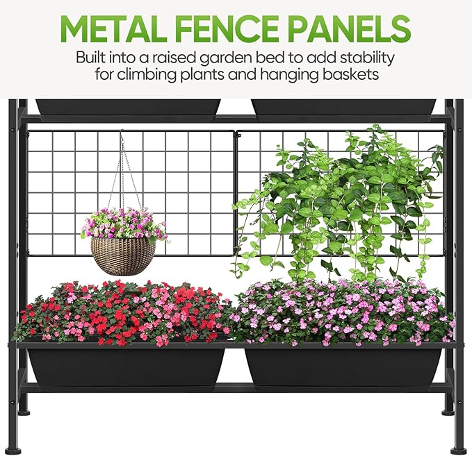 CADUKE Raised Garden Bed, Garden Raised Planter Box with Legs, 32" Elevated Vegetable Garden Beds with Drainage Holes & Trellis, Herb Garden Planter Outdoor for Vegetables, Balcony, Patio, Black