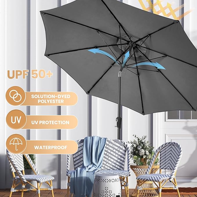 Ayge 9FT Large Outdoor Patio Umbrella Market Table Umbrella-UV Resistant, Easy Push Button Tilt and Crank, 8 Sturdy Fiberglass Ribs Heavy-Duty Pool Umbrella for Deck, Backyard,Garden,Grey
