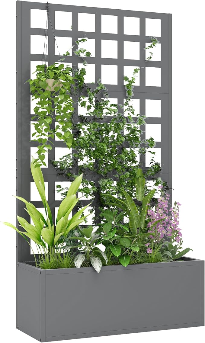 Outsunny Galvanized Raised Garden Bed with Trellis, Metal Planter Box with Drainage Holes, Outdoor Privacy Screen for Climbing Plants, Vegetable, Vines, 24" x 9" x 44.5", Gray