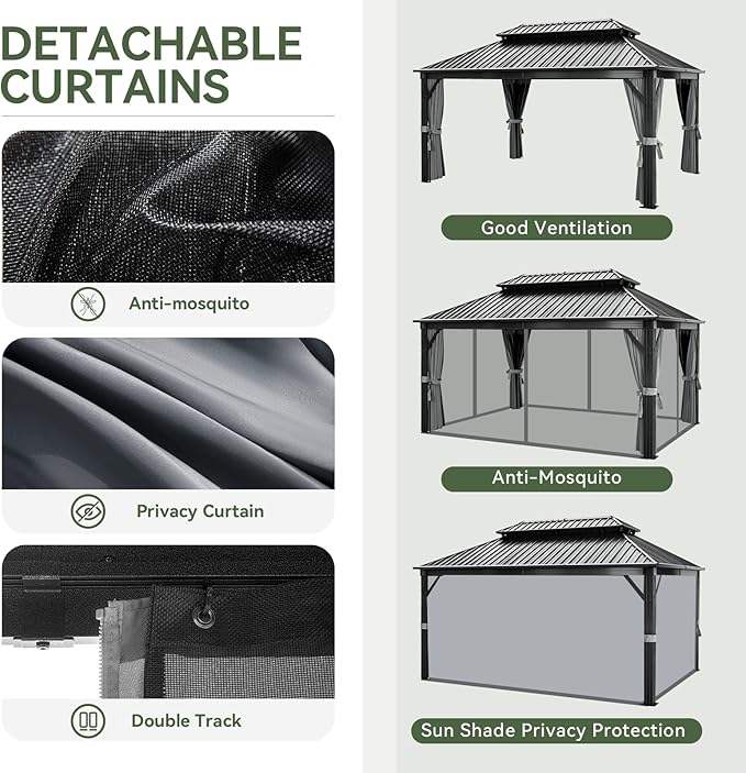 Aoxun 12FT X 16FT Hardtop Gazebo, Outdoor Pergolas with Mosquito Netting and Curtains, Galvanized Steel Double Roof Permanent Aluminum Gazebo, for Gardens, Decks, Patios, Parties