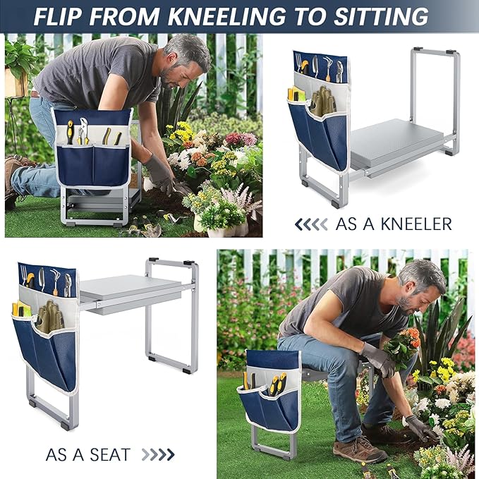 FLINTER Garden Kneeler and Seat, 10.2" Wider Heavy Duty Thick Gardening Bench for Kneeling and Seat - Multifunctional Kneeler Bench, Gardening Gifts for Women, Seniors Grandparents, Gray
