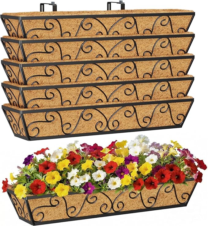 6pcs 30 Inch Window Deck with Coco Liner, 30" Window Boxes Horse Trough with Coconut Coir Liner, Metal Hanging Flower Planter Window Basket Deck Railing Planter Boxes for Outdoor Indoor Lawn