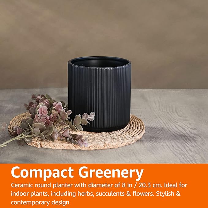 Amazon Basics Fluted Ceramic Round Planter with Drainage Hole, Indoor Outdoor Flower Pot, 8-inch, Black