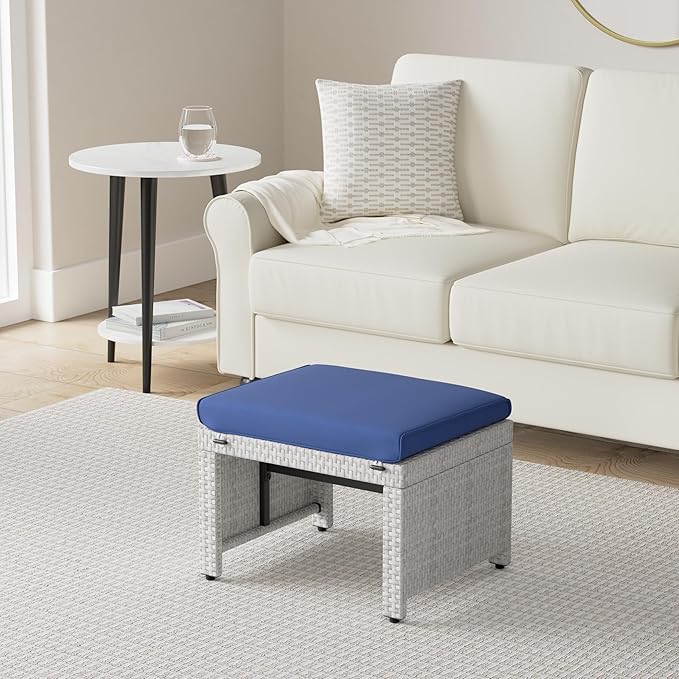 Best Choice Products Set of 2 Wicker Ottomans, Multipurpose Outdoor Furniture for Patio, Backyard, Additional Seating, Footrest, Side Table w/Removable Cushions, Steel Frame - Gray/Navy