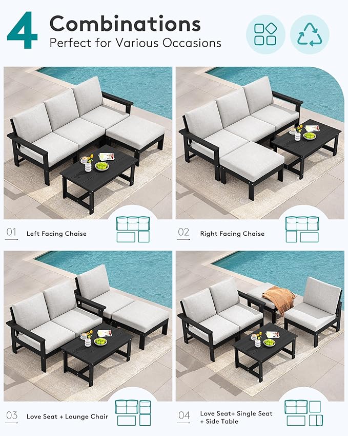 SERWALL Outdoor Sectional Sofa Set, 5-piece Outdoor Modula Couch Set with Ottoman, All Weather Patio Furniture Set with Chaise for Deck, Lawn, Black Frame with Khaki Cushion