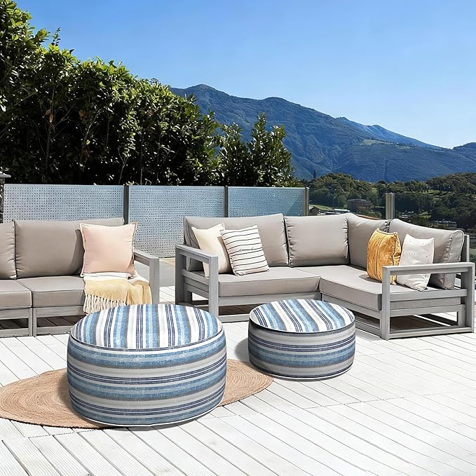LVTXIII Outdoor Inflatable Ottoman, Fade-Resistant Round Footrest Stool D31”x H14”, Portable Patio Pouf for Garden Camping or Home Use, Stripe Layered Blue