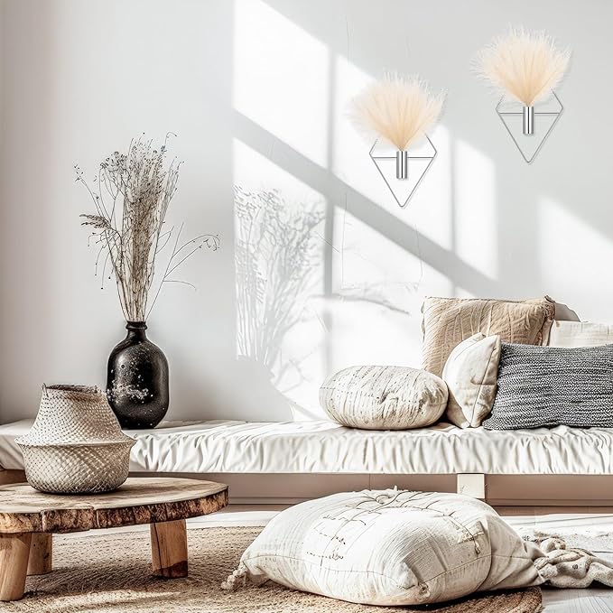 2 Pieces Wall Decor Hanging Planters with Artificial Plants Metal Hanging Vase Indoor Plants Holder Modern Boho Wall Art for Bathroom Bedroom Living Room Decor(Silver,Pampas Grass)