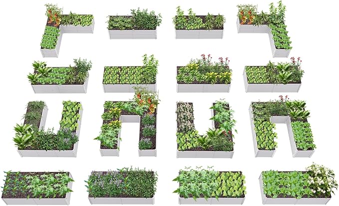 A ANLEOLIFE Set of 16, 18 Inch Tall Galvanized Raised Garden Beds Kit, Rectangular,U-Shaped & L Shaped Metal Planters – Ideal for Backyard Structured Garden Layouts, Antique White