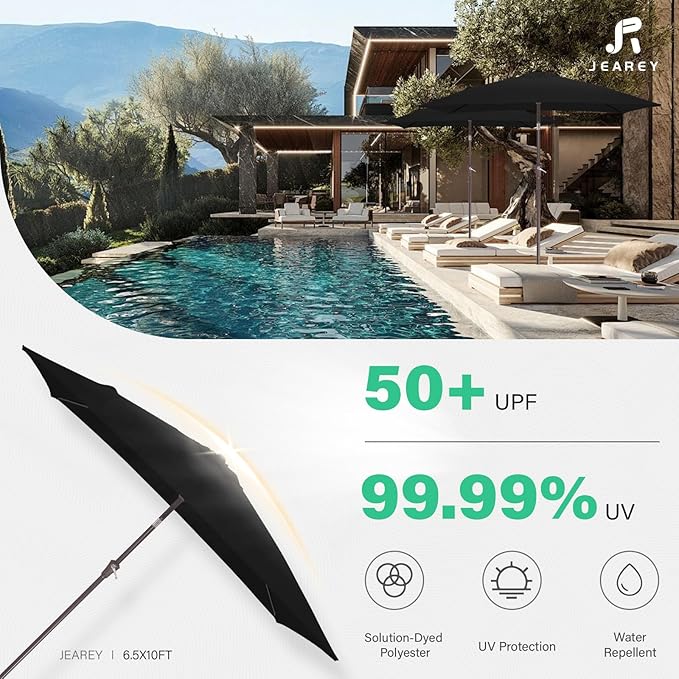 JEAREY 6.5x10 ft Rectangular Patio Umbrellas Rectangle Outdoor Umbrella with Push Button Tilt and Crank, Market Table Umbrella 6 Sturdy Ribs UV Protection for Poolside Garden Backyard Deck, Black