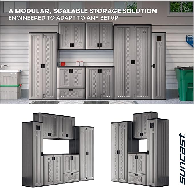Suncast Tall Storage Cabinet, Platinum Resin Garage Storage Cabinet with Doors & Shelves, Plastic, Lockable, Freestanding Utility Closet for Tools & Supplies, Made in USA