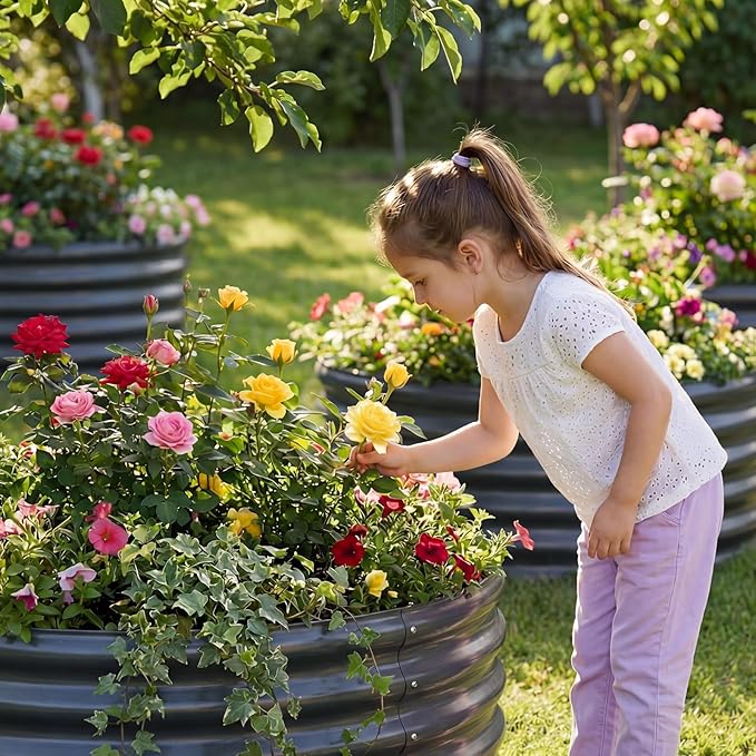 AHEONLAR 3Pack 2x2x1 ft Round Galvanized Raised Garden Bed Kit Round Metal Flower Box Large Planter Raised Beds Outdoor Garden for Planting,Fruit,Herb-Grey