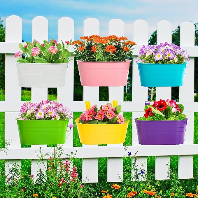 Foraineam 6 Pack Hanging Flower Pots, Metal Iron Plant Pot Holders, Garden Pots Balcony Planters, Metal Bucket Flower Holders Wall Hanging Decor Pot with Detachable Hooks for Railing Fence Balcony