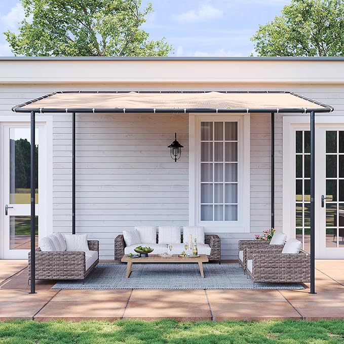 Aoxun 10x12 Lean to Gazebo Outdoor Pergola with Water Resistant & UV-Resistant, Wall-Mounted Canopy Sloped Roof Awning for Patio Backyard, Deck, or Garden Khaki