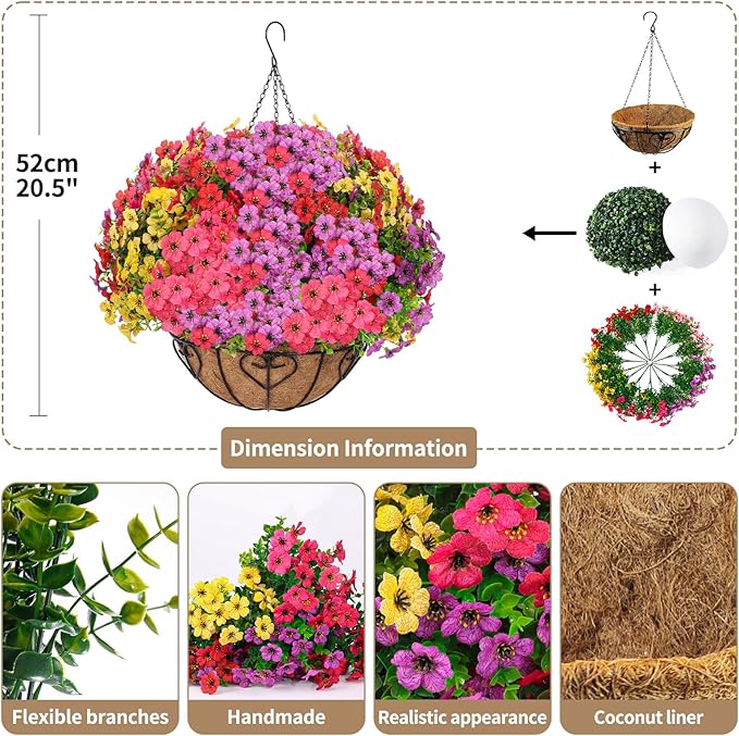 Artificial Hanging Flower for Outdoors, Fake Hanging Basket for Outside,1 Hanging Basket with 13 Pcs Faux Silk Flowers for Porch, Balcony and Patio Decor(Mixed)