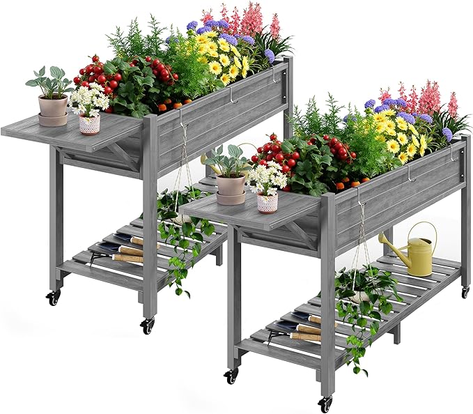 YEFU Raised Garden Bed with Legs: 57x18x30in Elevated Poly Planter with Wheels,Waterproof Mobile Raised Bed Garden, Elevated Planter Box Stand with Storage Shelf,for Deck,Patio,Porch,Yard (Grey,2pcs)
