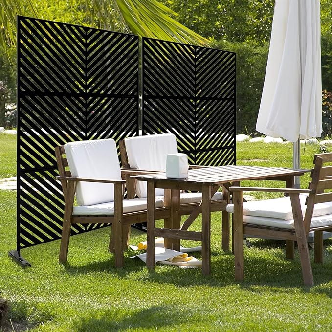 Casaphoria Metal Privacy Screen Outdoor, 72" H x 47" W Freestanding Decorative Privacy Screen for Patio Deck Balcony Garden with Stable Base, Black Parallel