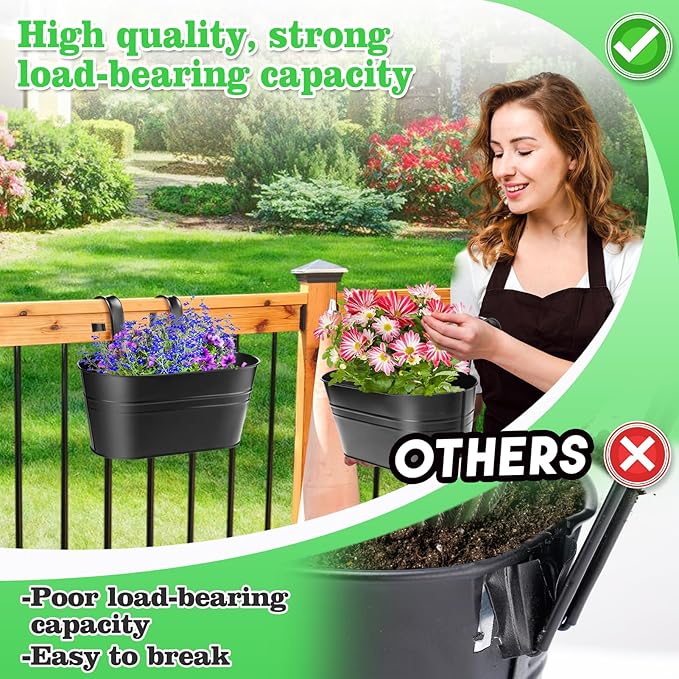 MADHOLLY Railing Planter with Drainage Holes - 6Pcs Sturdy Bucket Pots for Railing Fence, Countryside Style Metal Flower Pots for Herbs Balcony Garden Yard Decor, Black