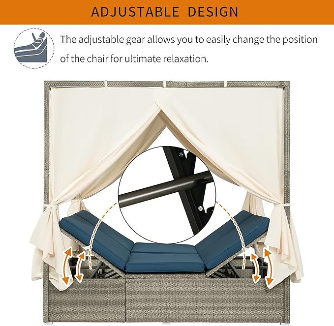 Patio Chaise Lounge,PE Rattan Outdoor Patio Wicker Adjustable Outdoor Sun Bed with Four-sided Canopy and Comfortable Blue Cushion – Versatile Use for Patio, Garden, and Poolside