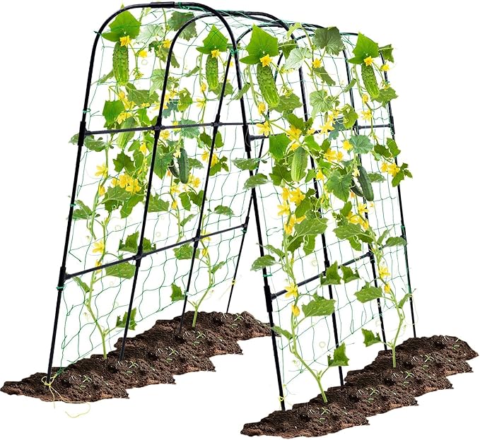 Garden Arch Trellis for Climbing Plants Outdoor, 50x48 inch Cucumber Trellis Raised Bed, Rustproof Metal Climbing Plant Support Vegetable Vine Flower Fruits, with Netting, Lightweight, Black