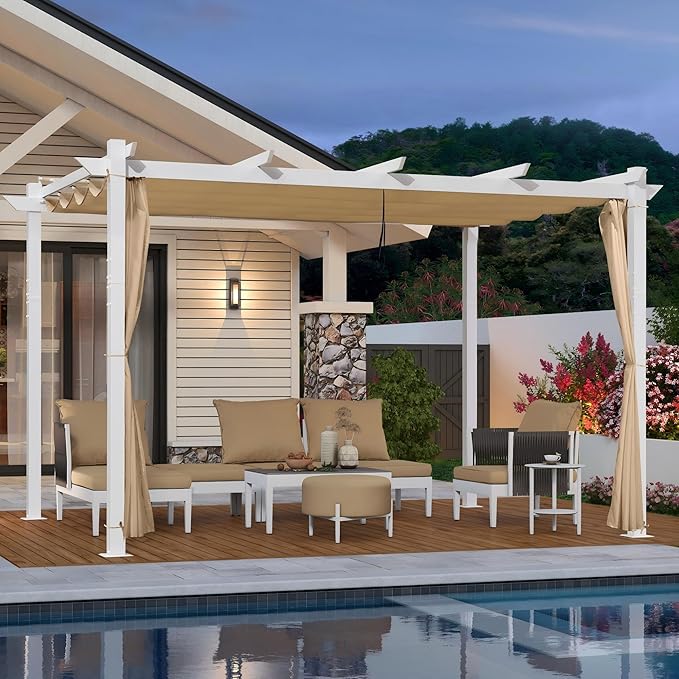 PURPLE LEAF 10' x 13' Aluminum Outdoor Pergola White Retractable Pergola with Double Sun Shade Canopy Wind-Resistant Heavy-Duty Metal Pergola for Patios Deck Backyard Garden, Khaki
