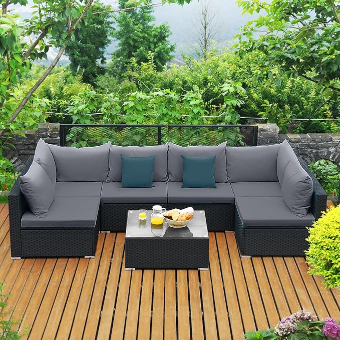 Tangkula 7-Piece Patio Furniture Set, Outdoor Sectional Sofa with Pillows and Cushions, Wicker Conversation Set with Coffee Table and Tea Table for Garden, Lawn (Grey)