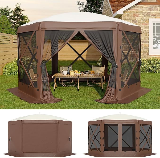 13x13FT 6-Sided Pop Up Gazebo Tent，One-Push Setup Canopy Tent with Removable Canopy Top & Wind Cloths, Outdoor shelter for Camping, Backyard Parties, Outdoor Events - Beige & Khaki