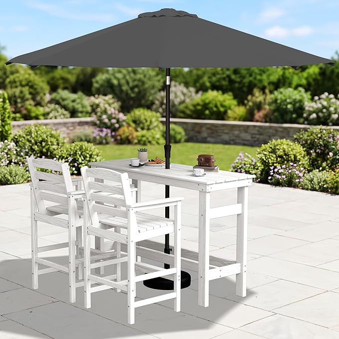SERWALL Outdoor Bar Set with 9ft Umbrella, All-Weather HDPE Patio Bar Chairs and Table, Outdoor Furniture Set for Poolside, Backyard, Garden - White