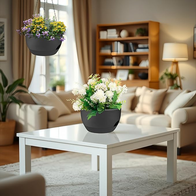 2 Pack 12 Inch Self Watering Hanging Planters for Indoor Plants, Large Black Plastic Hanging Pots with Chains for Outdoor Patio Garden Home Decor Black