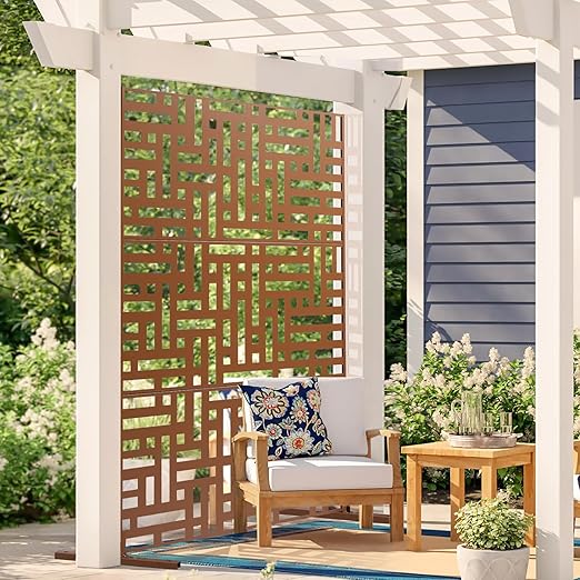 VEVOR Metal Privacy Screen, 36" W x 72" H, Outdoor Privacy Screens & Panels, Freestanding Outdoor Divider with Stand, 3-Panel Decorative Garden Steel Privacy Fence for Balcony Patio Indoor Room Brown
