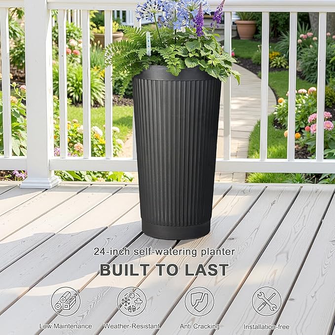 Self Watering Tall Black Planters Outdoor Set of 2, 24” Flower Pots Planters for Outdoor Plants, Modern Plastic Tall Planter for Front Porch, with Drainage Hole (Ribbed)