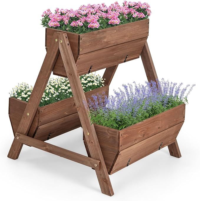 Giantex Vertical Raised Garden Bed, 3 Wood Planter Boxes for Flower Vegetable Fruit Herb, Freestanding Garden Planter with Drain Holes, Elevated Raised Beds for Indoor Outdoor Lawn Patio Yard, Brown