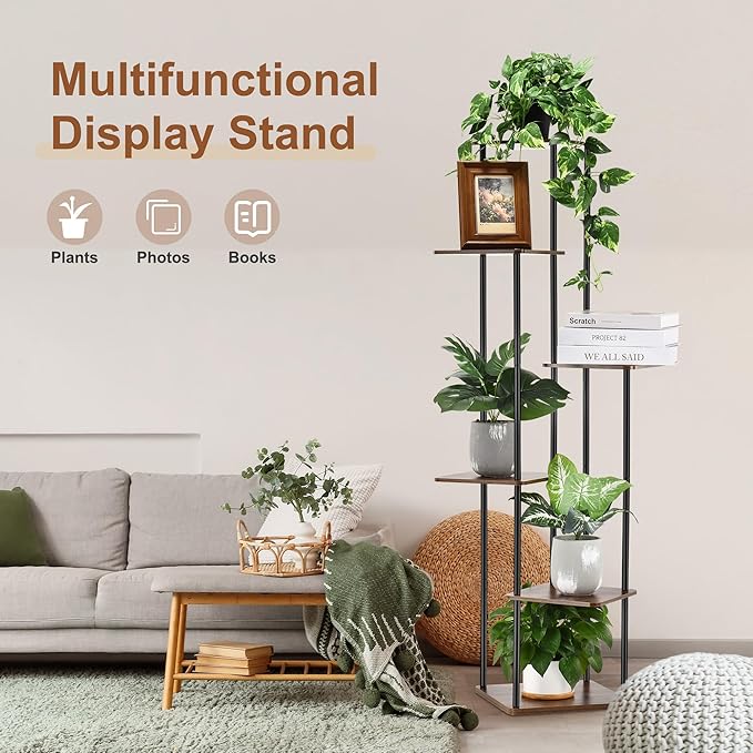 6 Tier Plant Stand Indoor Outdoor, Wood Metal Corner Shelf, Multiple Flower Pot Rack Holder Shelves, Planter Shelf Display Storage Organizer for Patio Living Room Balcony (Black)