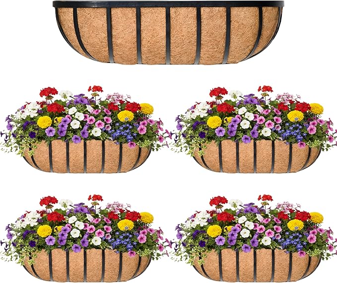 30“ Window Box Railing Planter with Coco Liner Metal Wall-Mounted Coconut Liner Planter Basket English Horse Trough Planters for Outdoor Deck Balcony Porch Fence Patio Black (4 Pack)