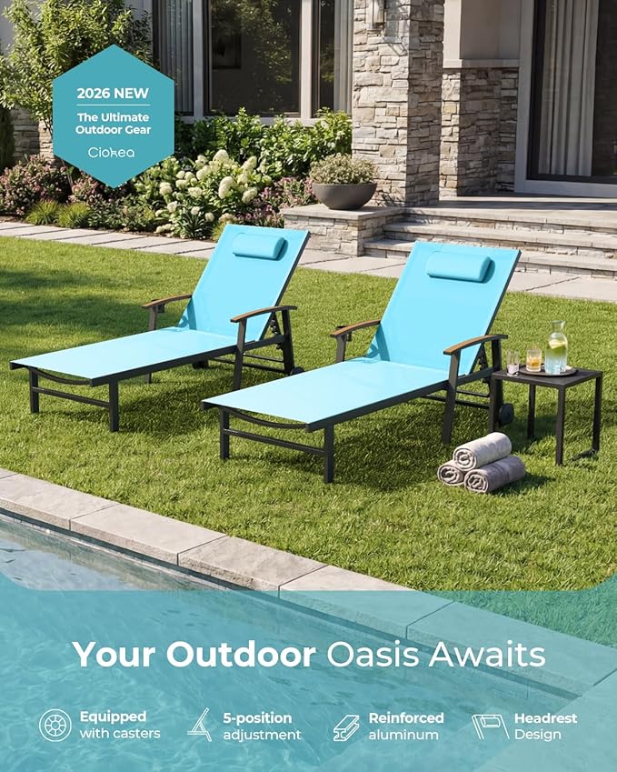 Ciokea Outdoor Lounge Chair with Pillow Set of 2, 5-Position Aluminum Chaise Lounge with Wheels & Armrests, 400 lbs Heavy Duty Patio Pool Chair for Backyard, Deck, Beach & Poolside, Lake Blue