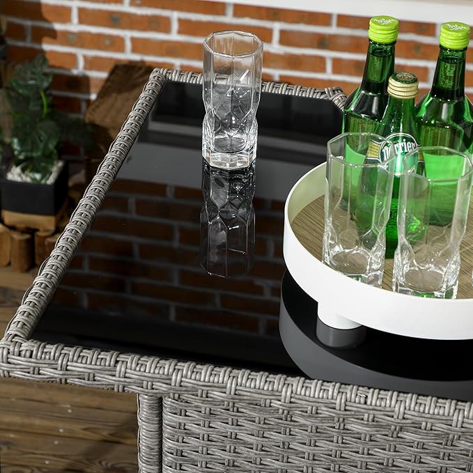 Outsunny 5 Piece Wicker Outdoor Bar Set, High Top Outdoor Table and Chairs, Bar Height Patio Set with Glass Table Top 2 Tier Storage Shelf and 4 Bar Stools for Garden, Poolside, Gray