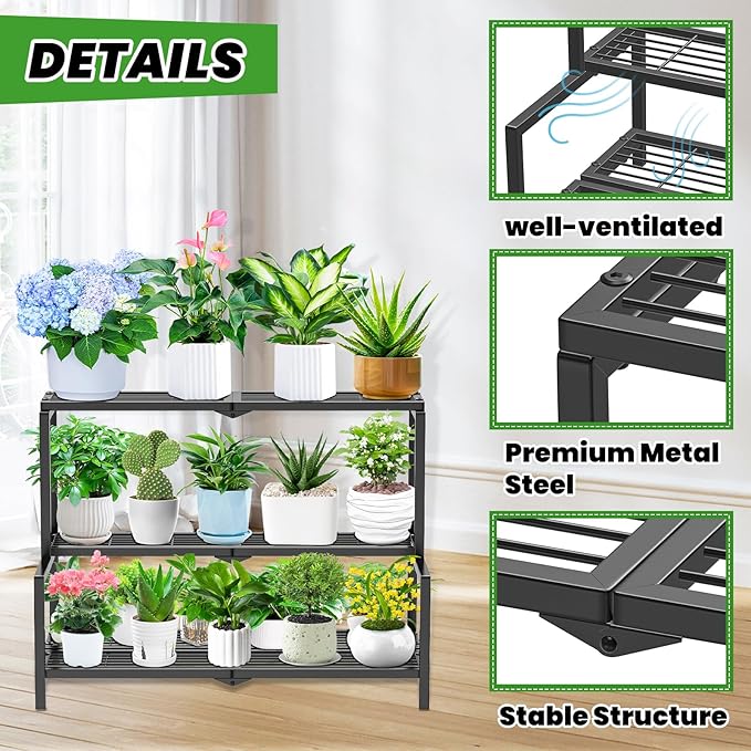 3 Tier Stair Style Metal Plant Stand for Indoor Outdoor, Heavy Duty Plant Display Shelf for Multiple Plants, Garden Rack Flower Pot Holder for Living Room Patio Balcony