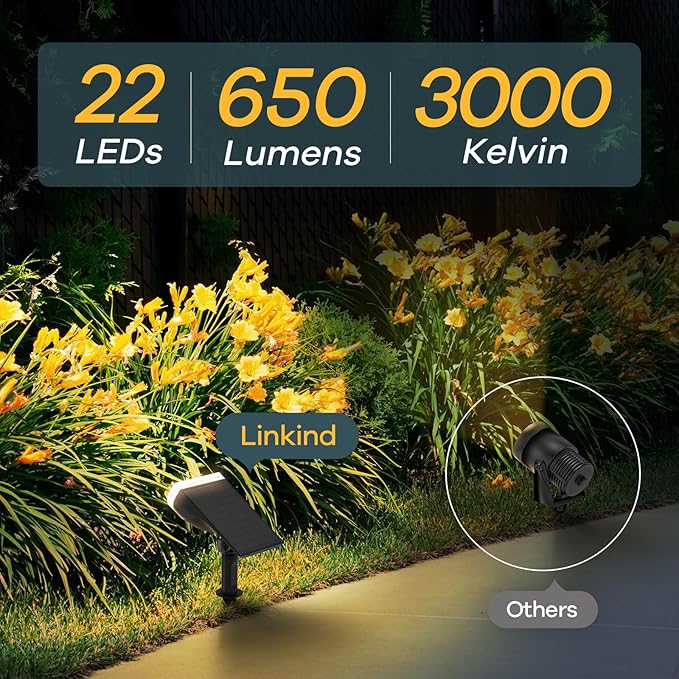 Linkind Solar Lights Outdoor Waterproof IP65, StarRay Dusk-to-Dawn Outdoor Solar Lights, 3 Lighting Modes Solar Spot Lights Outdoor for Garden, Yard, Landscape (Warm White, 4 Pack)