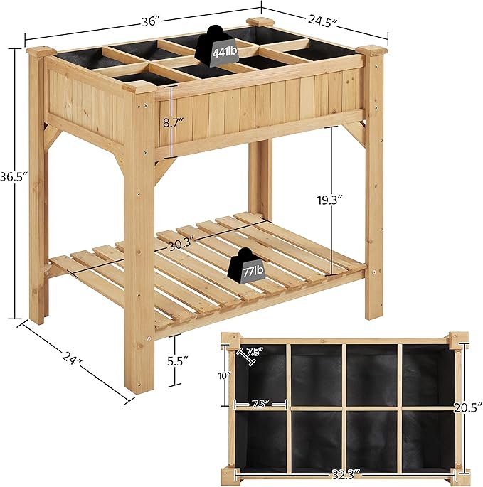 Yaheetech 36'' Hx25'' Wx37'' L Raised Garden Bed 8 Pocket Herbs Garden Planter Outdoor Horticulture Vegetables Standing Planters Boxes with Grow Grid