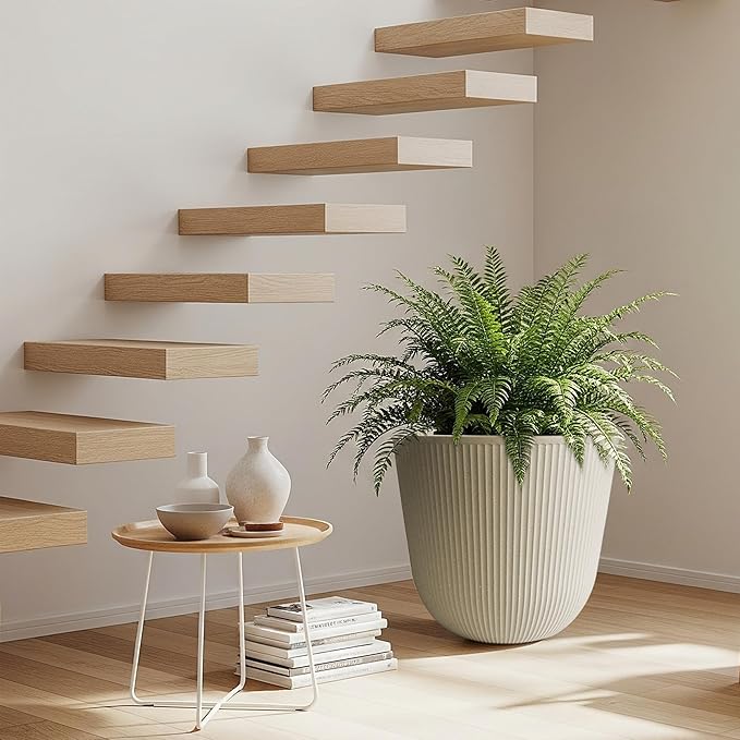 WORTH Garden Round Large Planter Pot Set of 2-17.5" Dia x 15.5" H - Durable Plastic Beige Plant Tree Pots with Vertical Stripe Textured Finish, Drainage Hole for Indoor, Outdoor, Front Porch, Patio